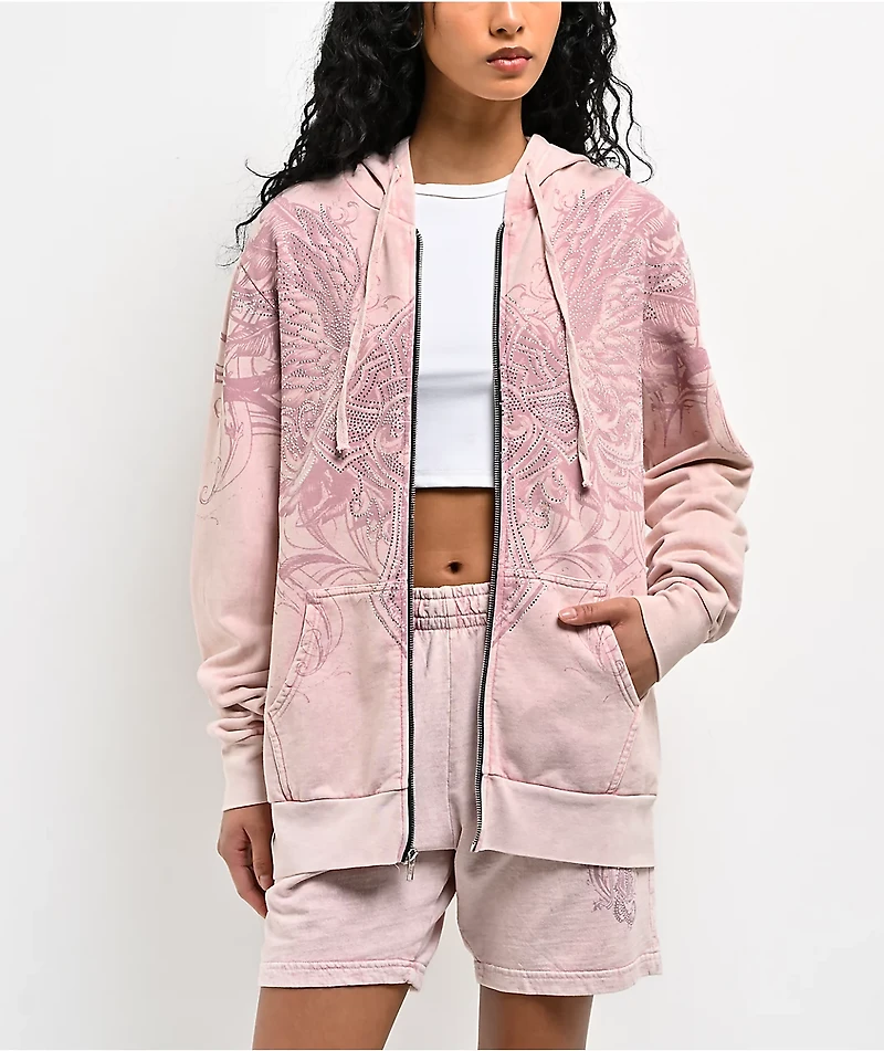 Affliction Ayala Rhinestone Pink Wash Zip Hoodie