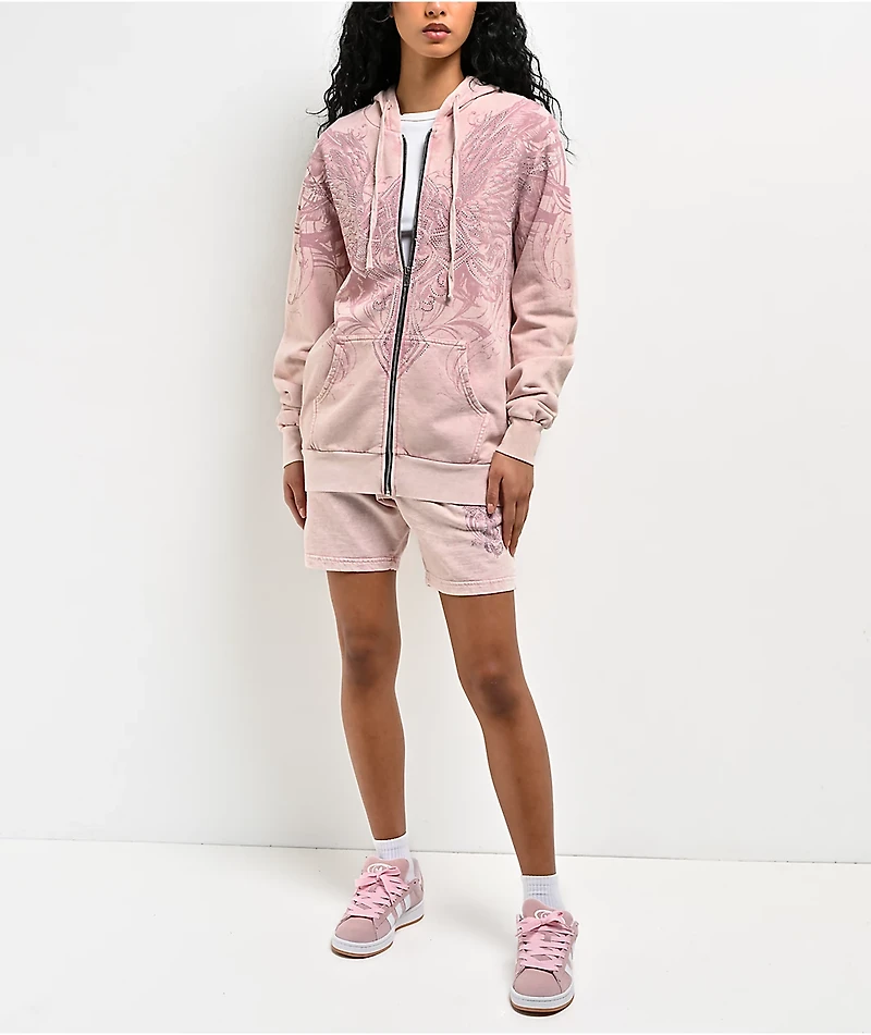 Affliction Ayala Rhinestone Pink Wash Zip Hoodie