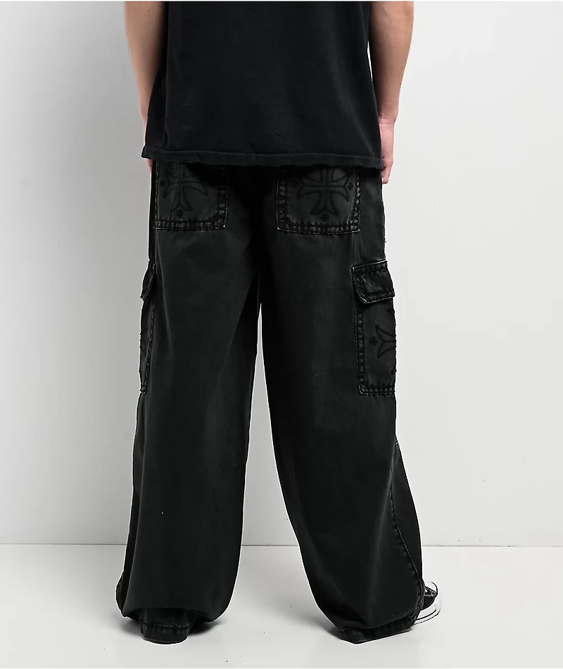 Affliction Black Wash Ultra Wide Leg Cargo Jeans