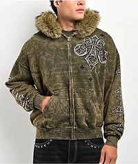 Affliction Courage Faux Fur Green Zip Hoodie