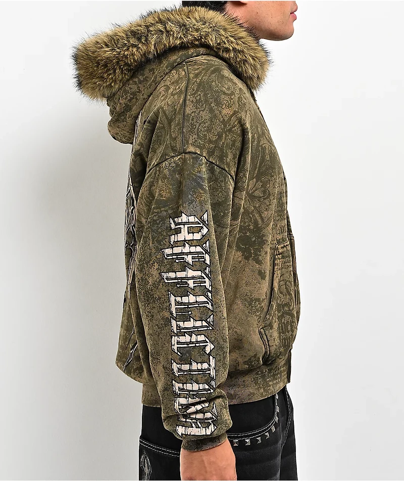Affliction Courage Faux Fur Green Zip Hoodie