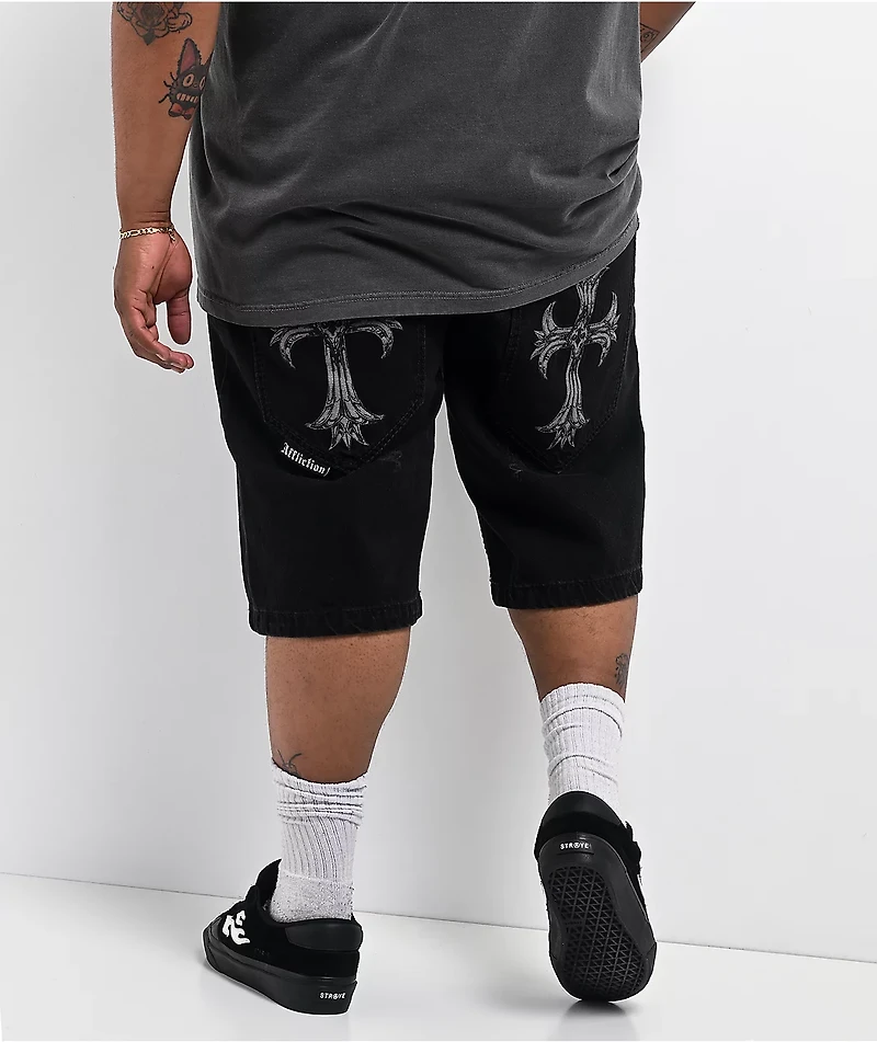 Affliction Creed Black Wash Wide Leg Denim Shorts