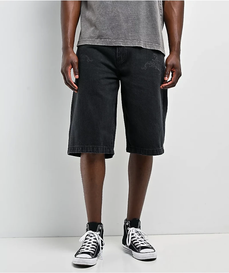 Affliction Creed Black Wash Wide Leg Denim Shorts