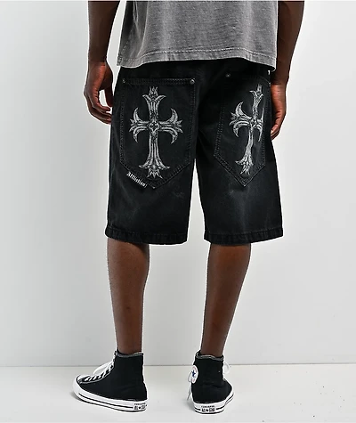 Affliction Creed Black Wash Wide Leg Denim Shorts