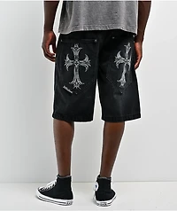 Affliction Creed Black Wash Wide Leg Denim Shorts