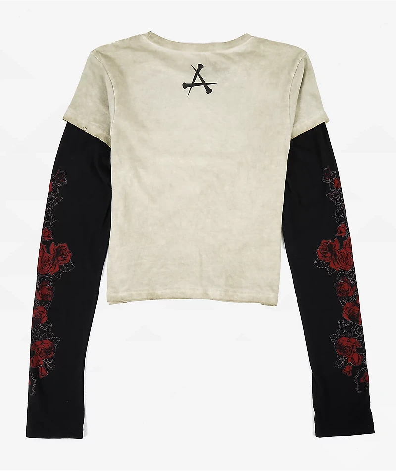 Affliction Crimson Doom White Wash & Black 2fer Long Sleeve Crop T-Shirt