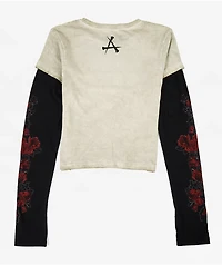 Affliction Crimson Doom White Wash & Black 2fer Long Sleeve Crop T-Shirt