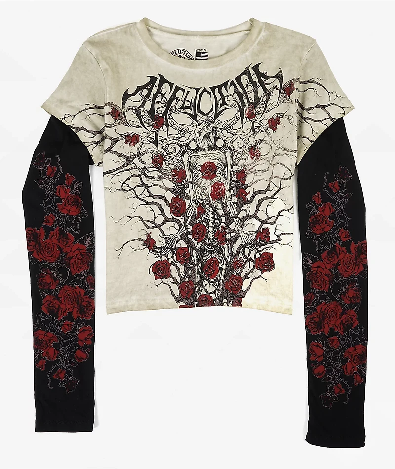 Affliction Crimson Doom White Wash & Black 2fer Long Sleeve Crop T-Shirt