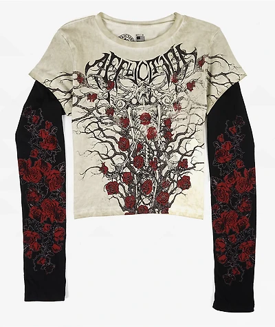 Affliction Crimson Doom White Wash & Black 2fer Long Sleeve Crop T-Shirt