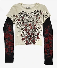Affliction Crimson Doom White Wash & Black 2fer Long Sleeve Crop T-Shirt
