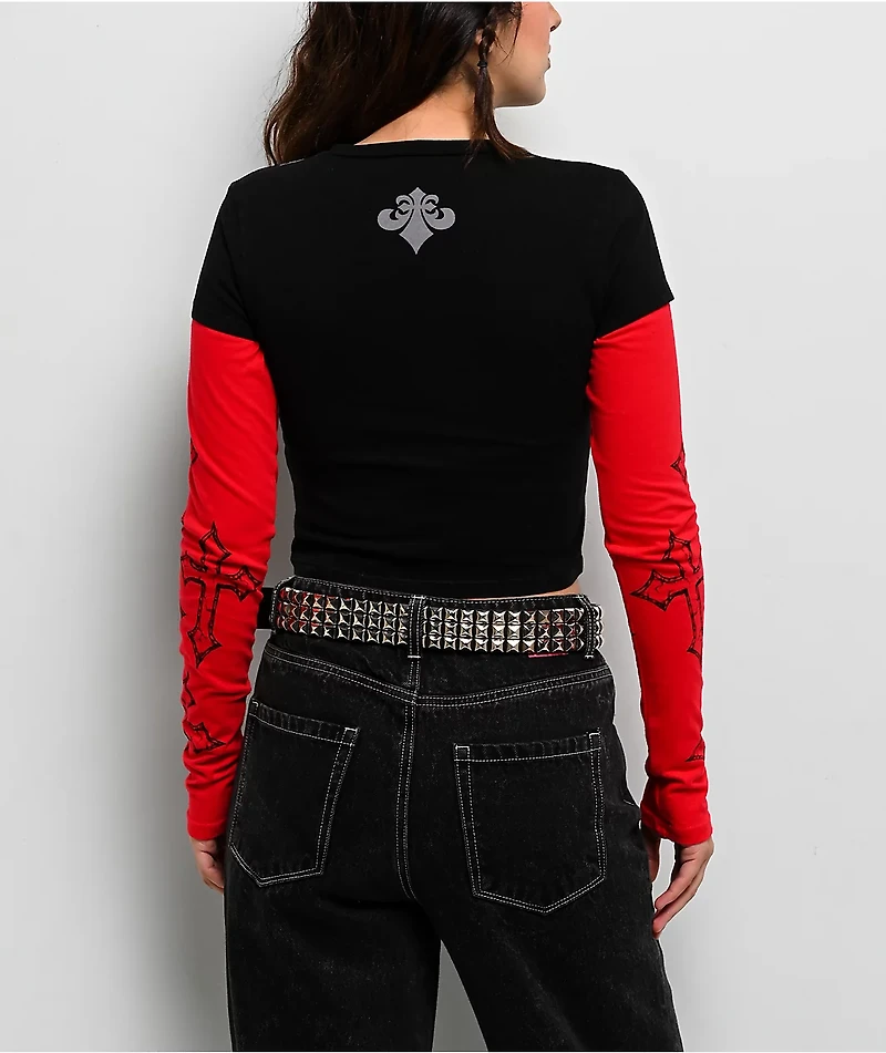 Affliction Criss Cross Black & Red 2fer Long Sleeve Crop T-Shirt