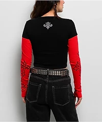 Affliction Criss Cross Black & Red 2fer Long Sleeve Crop T-Shirt