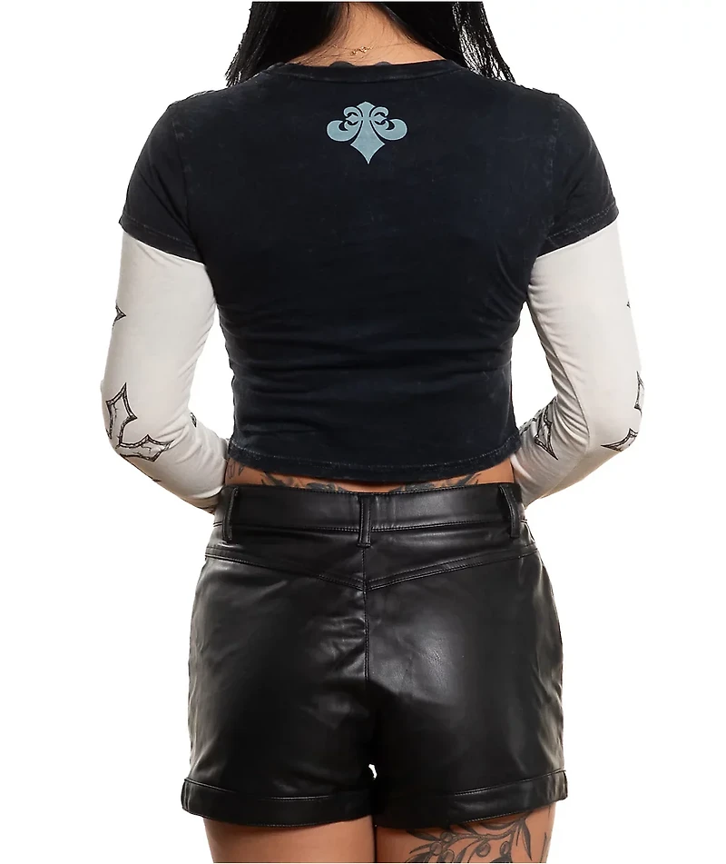 Affliction Criss Cross Black Wash & White 2fer Long Sleeve Crop T-Shirt