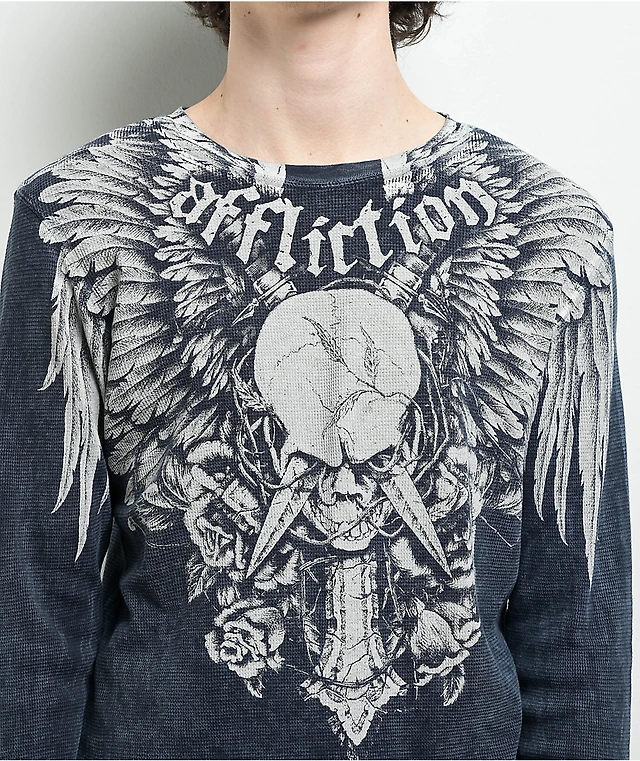 Archaic By Affliction Men's Thermal Shirt SPINE WINGS Black