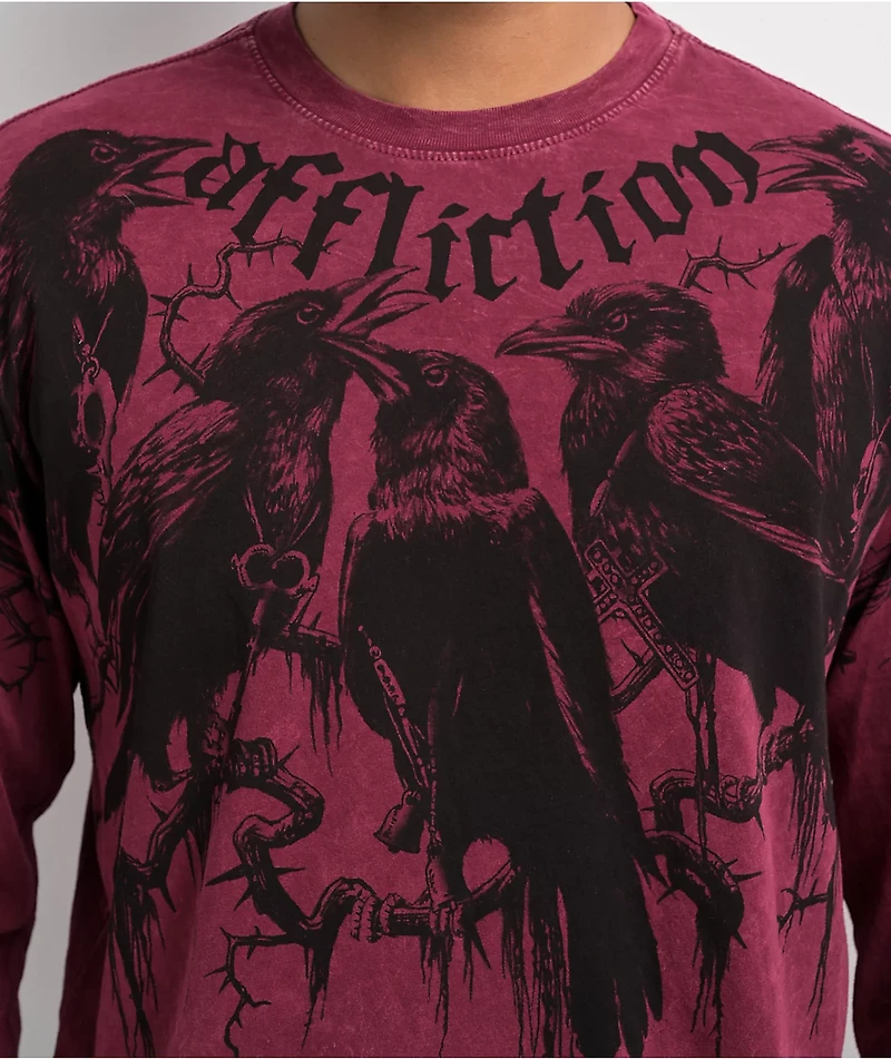 Affliction Crows Burgundy Lava Wash Long Sleeve T-Shirt