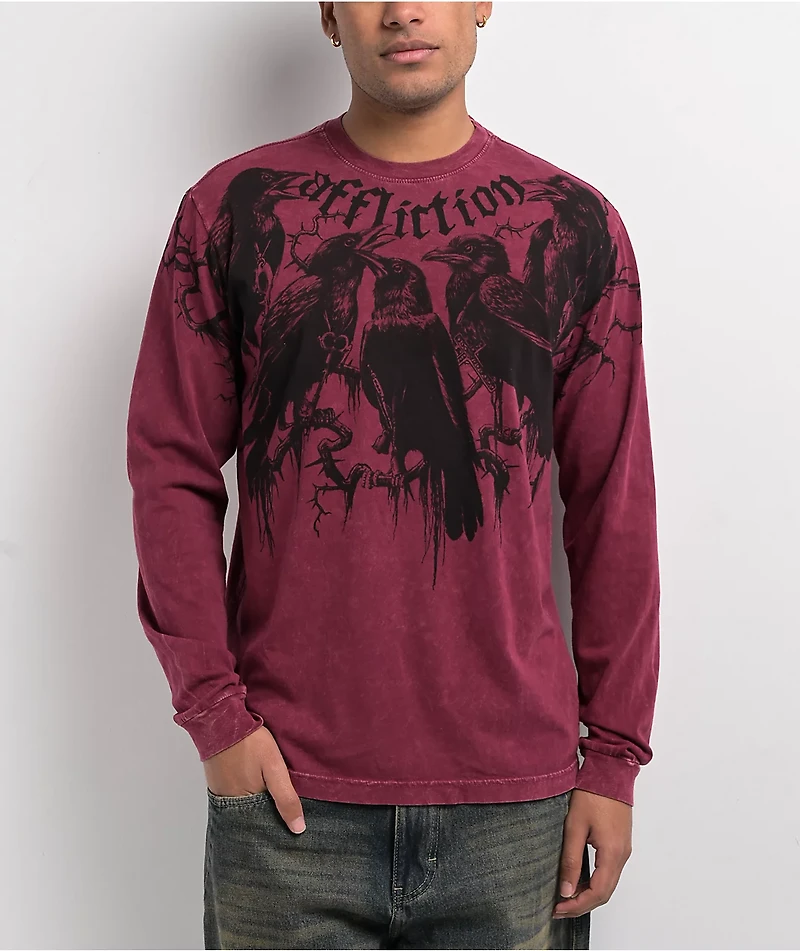 Affliction Crows Burgundy Lava Wash Long Sleeve T-Shirt