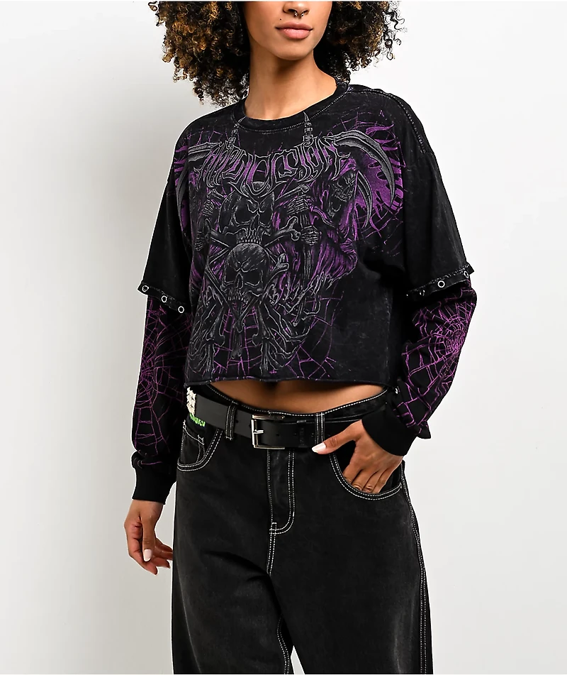 Affliction Darkness Falls Black Wash 2Fer Long Sleeve Crop T-Shirt