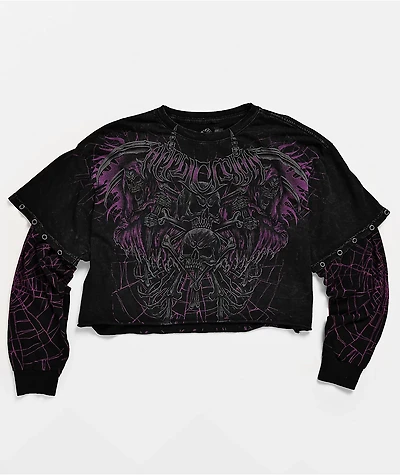 Affliction Darkness Falls Black Wash 2Fer Long Sleeve Crop T-Shirt