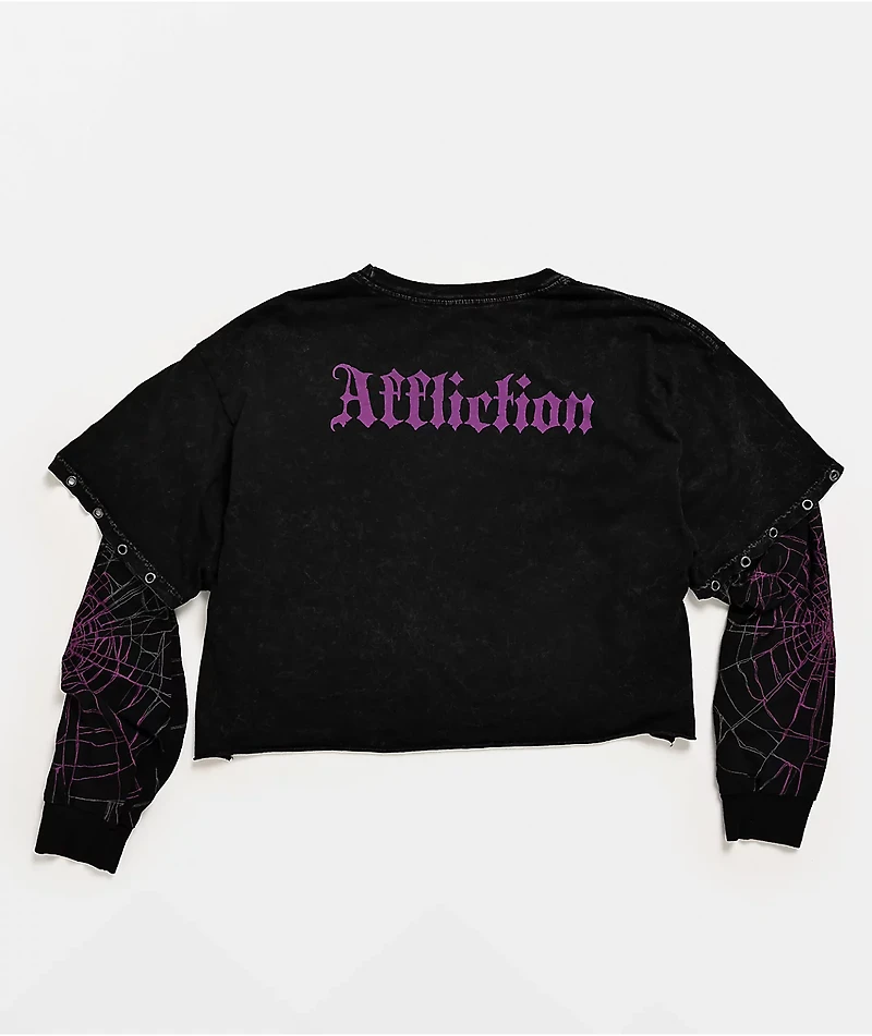 Affliction Darkness Falls Black Wash 2Fer Long Sleeve Crop T-Shirt