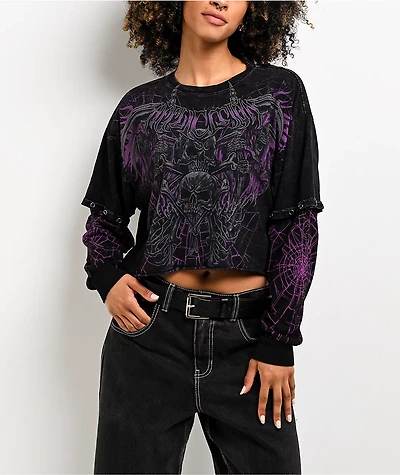 Affliction Darkness Falls Black Wash 2Fer Long Sleeve Crop T-Shirt