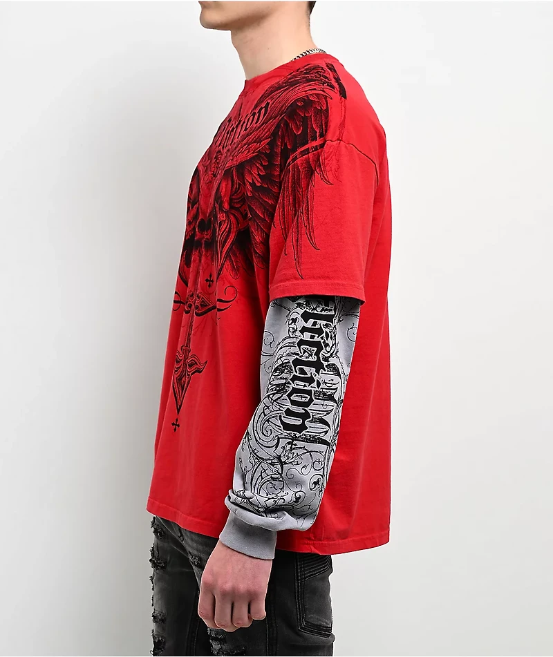 Affliction Death Eyes Red & Grey 2fer Long Sleeve T-Shirt
