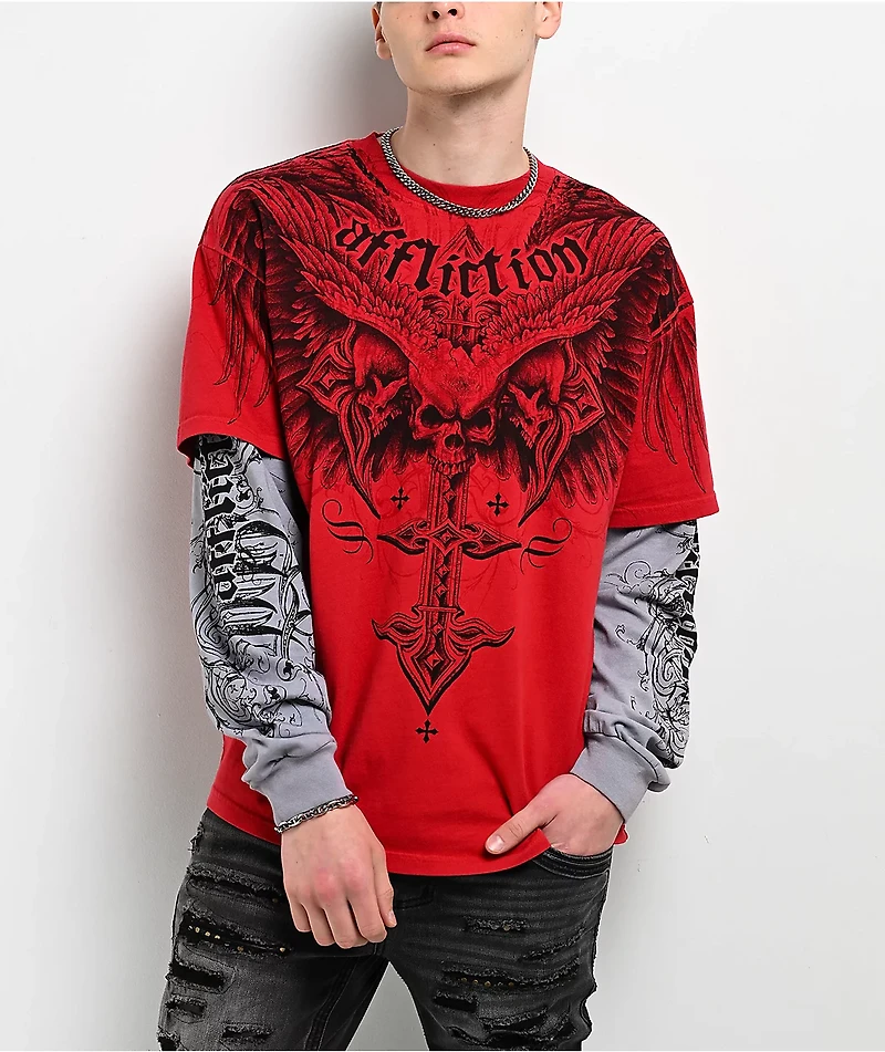 Affliction Death Eyes Red & Grey 2fer Long Sleeve T-Shirt
