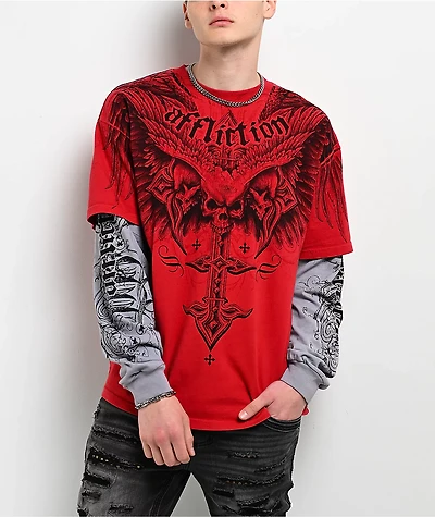 Affliction Death Eyes Red & Grey 2fer Long Sleeve T-Shirt