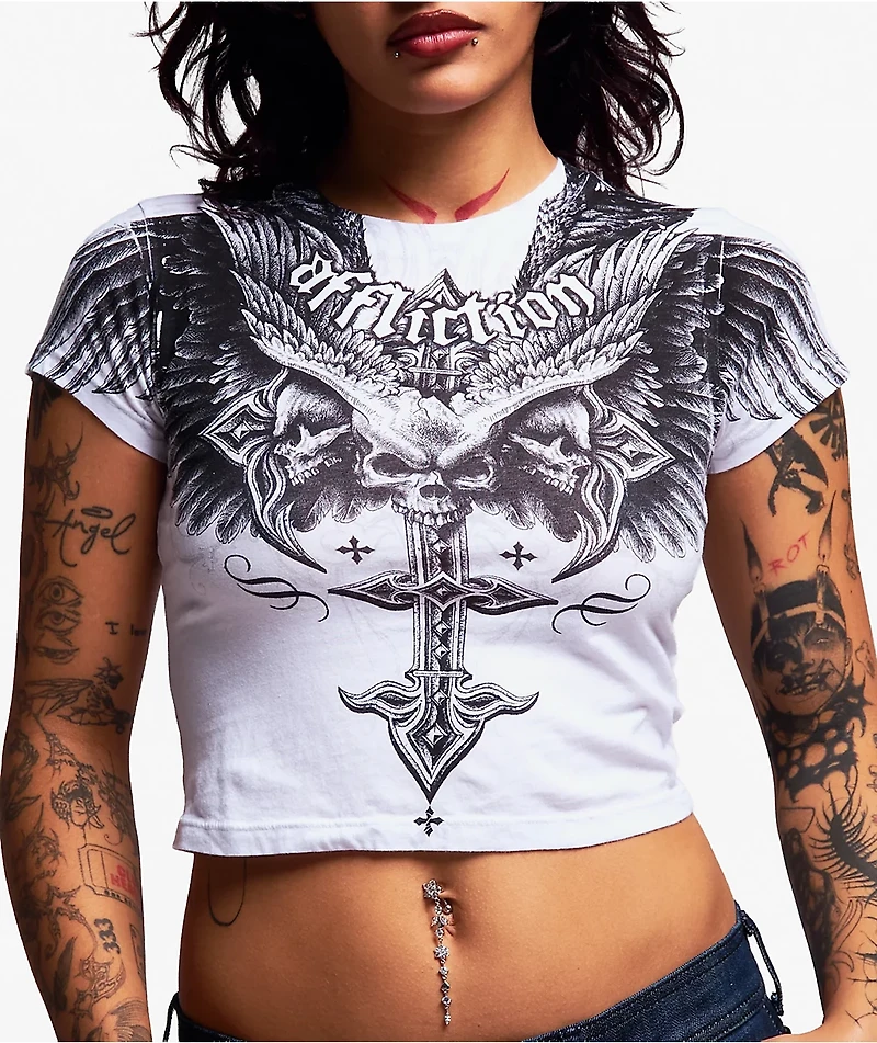 Affliction Death Eyes White Crop T-Shirt