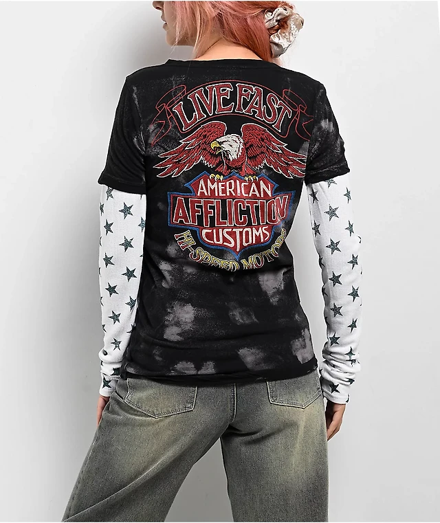 Affliction Eagle Clutch Black White 2fer Thermal Long Sleeve T
