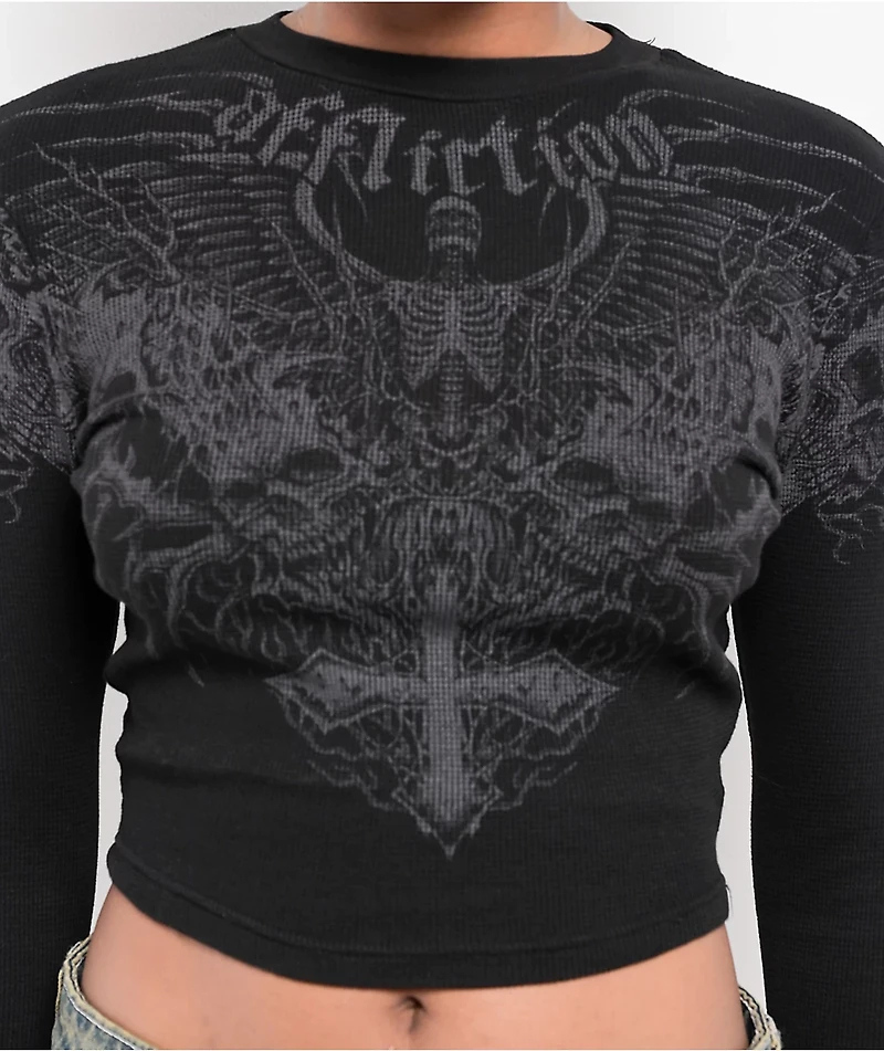 Affliction Ethereal Burial Black Thermal Long Sleeve Crop T-Shirt