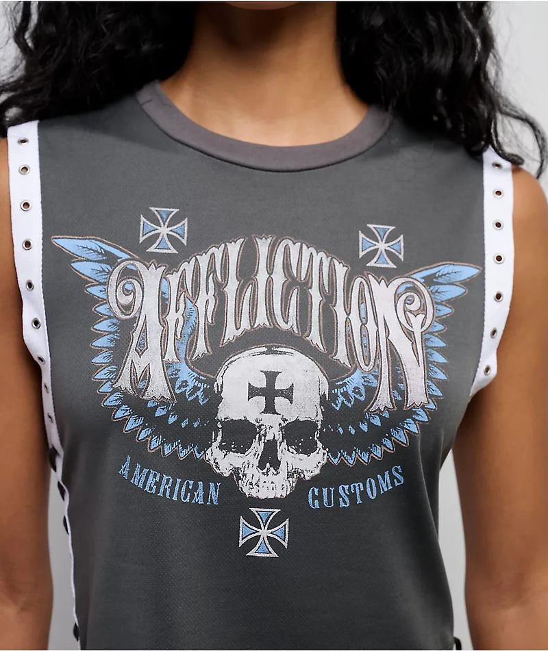 Affliction Flag Grey Lace Up Muscle Tank Top