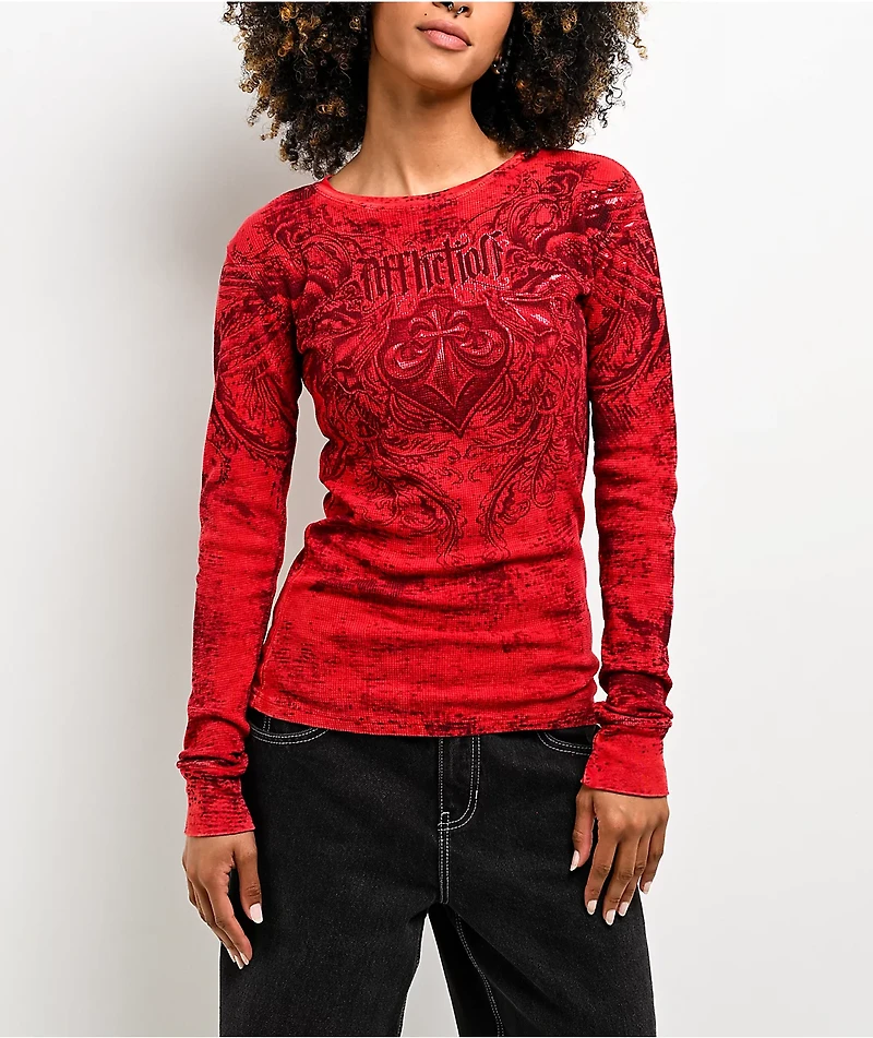 Affliction Fleuresque Red Wash Thermal Long Sleeve T-Shirt
