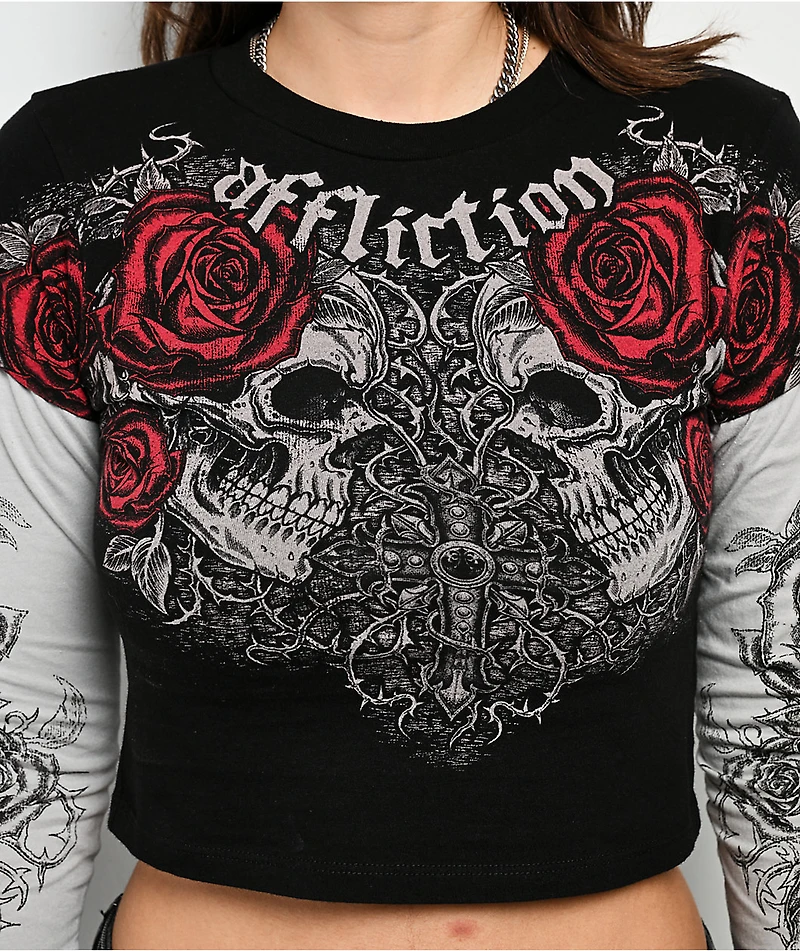 Affliction Forgotten Black & Grey 2fer Long Sleeve Crop T-Shirt