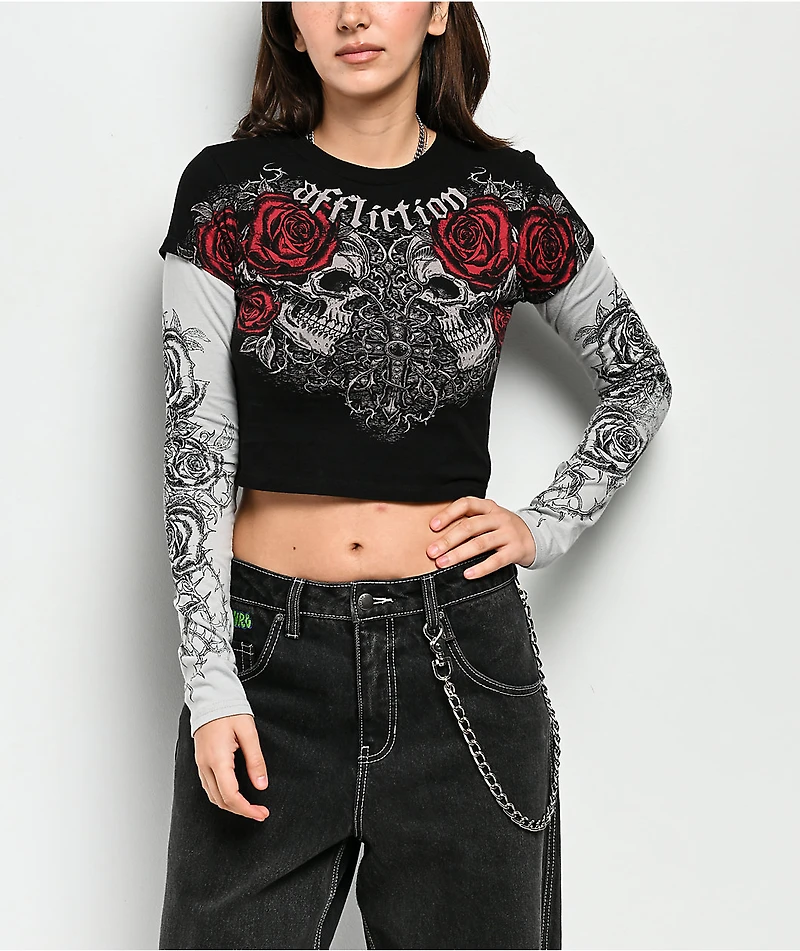 Affliction Forgotten Black & Grey 2fer Long Sleeve Crop T-Shirt