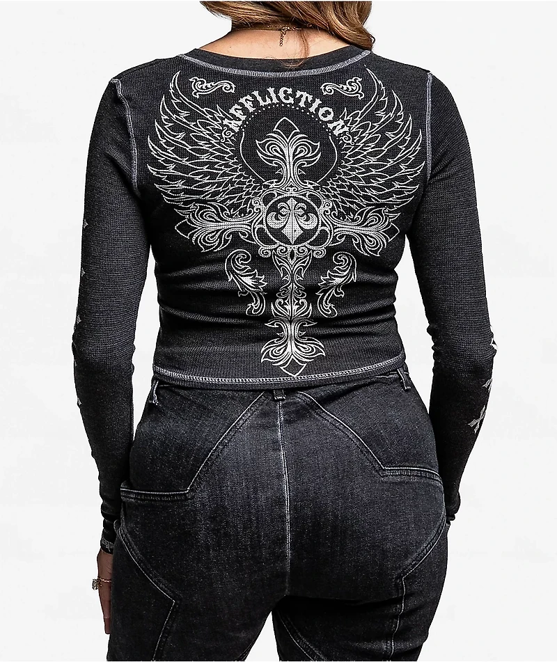 Affliction Iron Soul Notch Black Wash Thermal Long Sleeve Crop T-Shirt