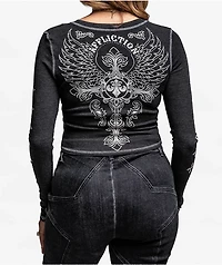 Affliction Iron Soul Notch Black Wash Thermal Long Sleeve Crop T-Shirt