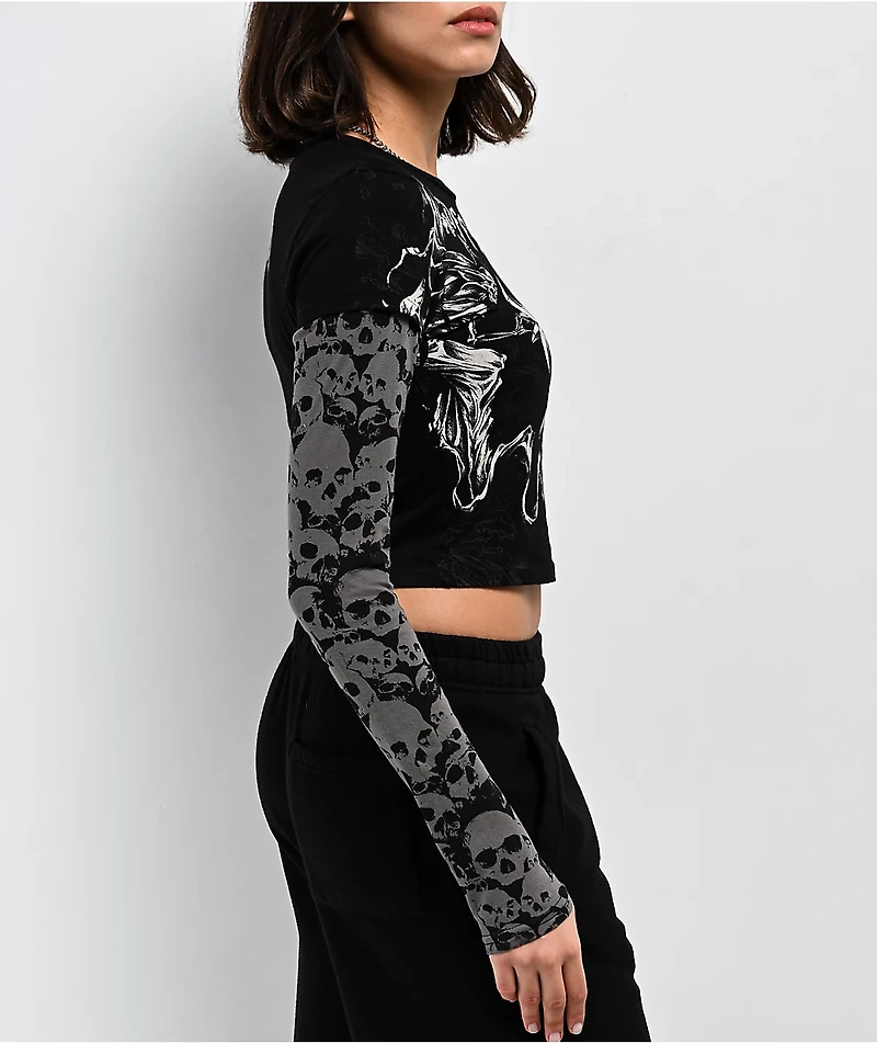 Affliction Jump Black 2Fer Long Sleeve Crop T-Shirt
