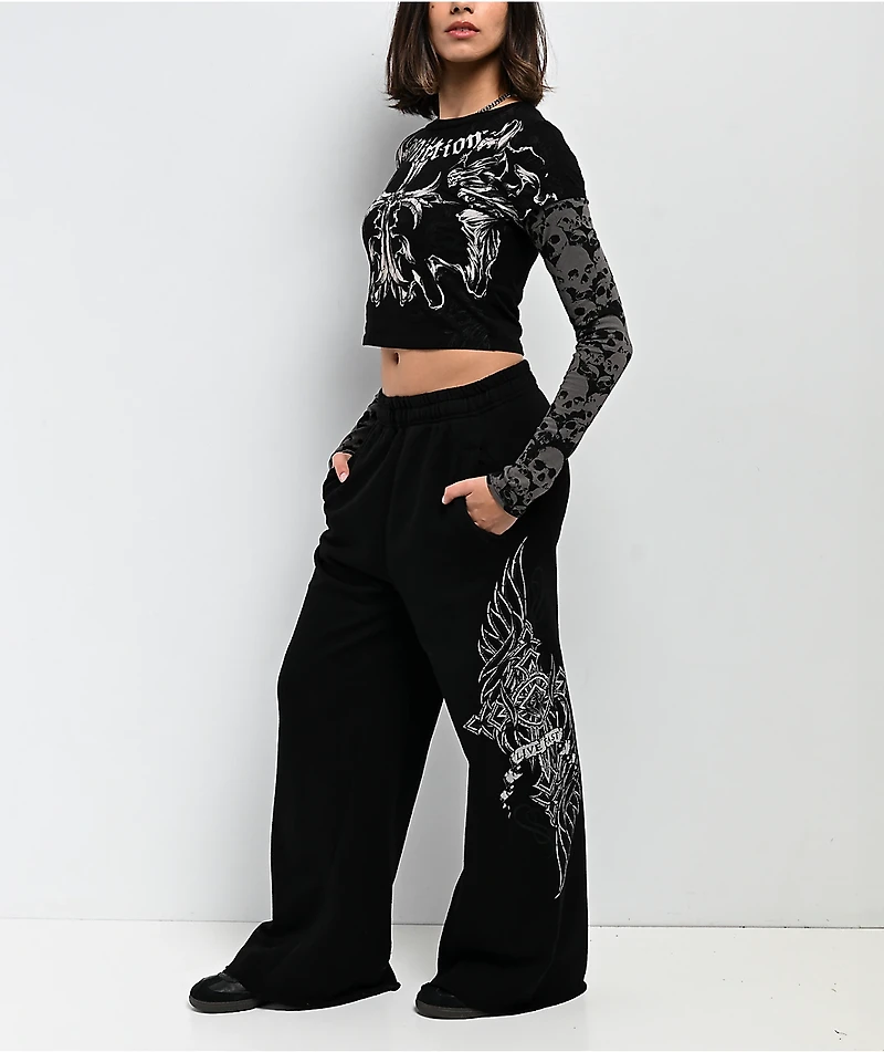 Affliction Jump Black 2Fer Long Sleeve Crop T-Shirt