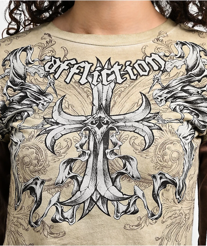 Affliction Jump Brown 2fer Long Sleeve Crop T-Shirt