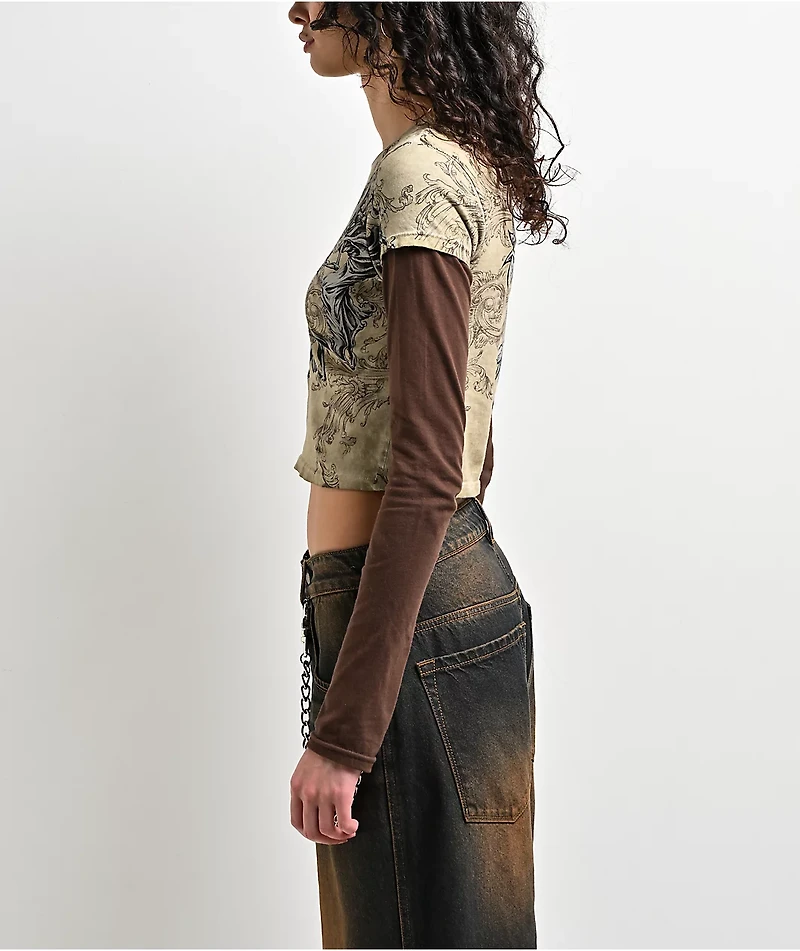 Affliction Jump Brown 2fer Long Sleeve Crop T-Shirt