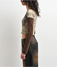 Affliction Jump Brown 2fer Long Sleeve Crop T-Shirt