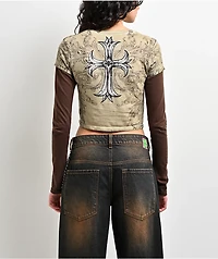 Affliction Jump Brown 2fer Long Sleeve Crop T-Shirt