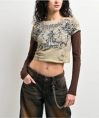 Affliction Jump Brown 2fer Long Sleeve Crop T-Shirt