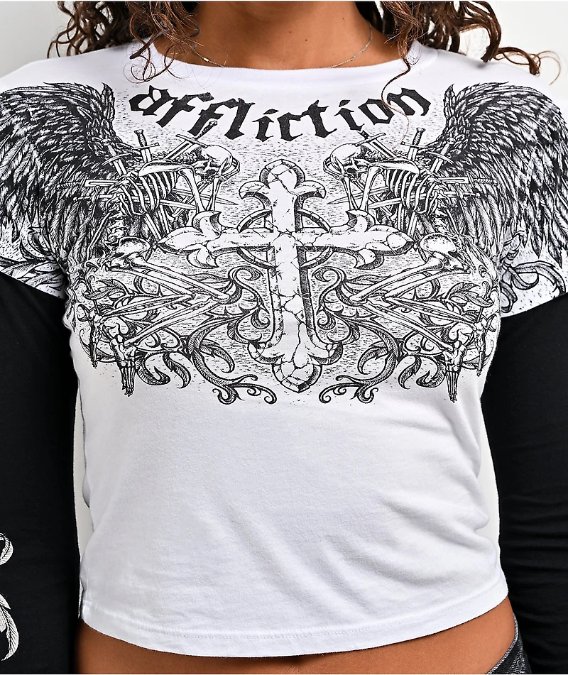Affliction Ominous Shadow Black & White 2fer Long Sleeve Crop T-Shirt