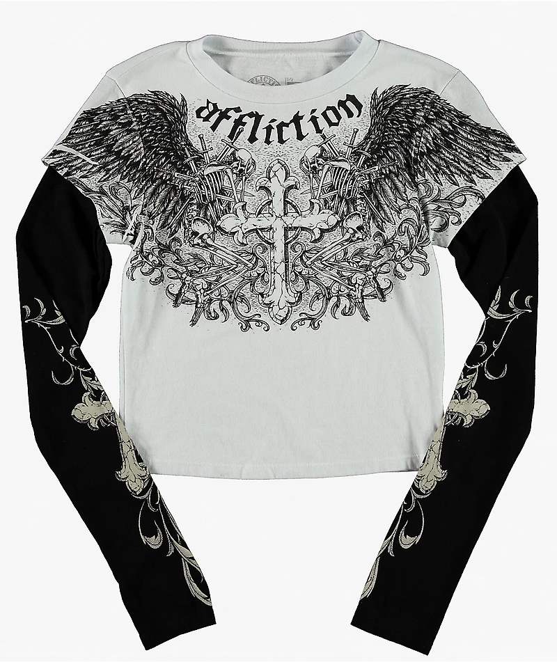 Affliction Ominous Shadow Black & White 2fer Long Sleeve Crop T-Shirt
