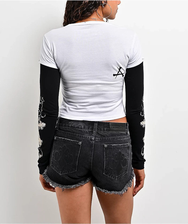 Affliction Ominous Shadow Black & White 2fer Long Sleeve Crop T-Shirt