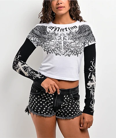 Affliction Ominous Shadow Black & White 2fer Long Sleeve Crop T-Shirt