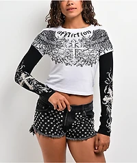 Affliction Ominous Shadow Black & White 2fer Long Sleeve Crop T-Shirt