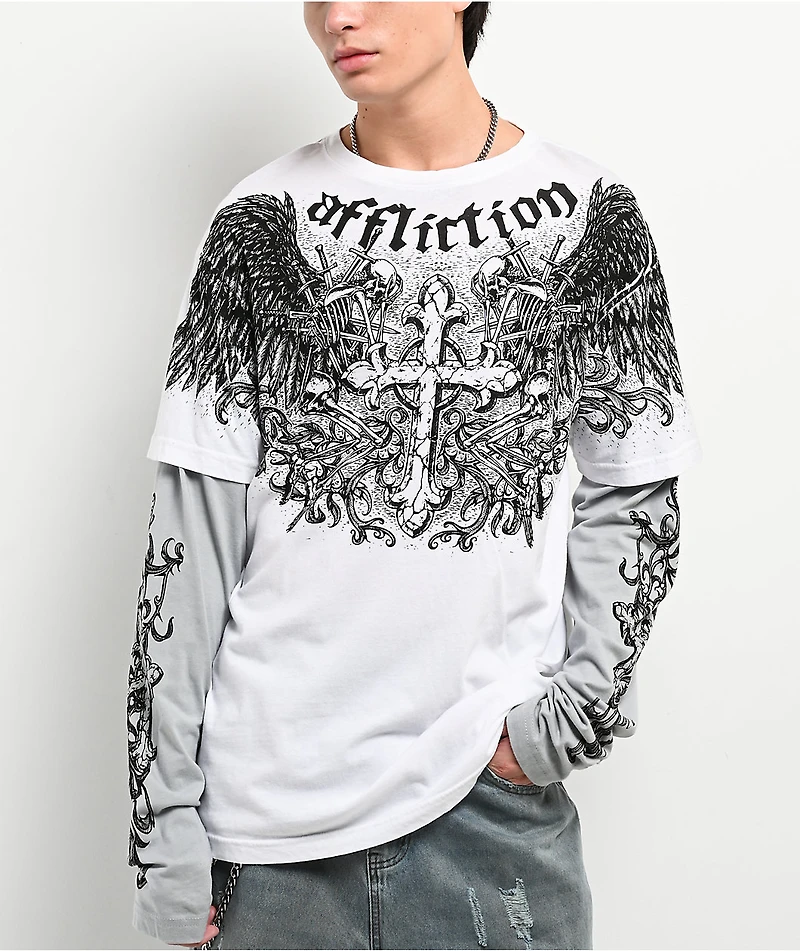 Affliction Ominous Shadow White & Grey 2fer Long Sleeve T-Shirt