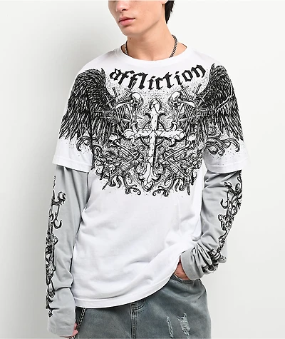 Affliction Ominous Shadow White & Grey 2fer Long Sleeve T-Shirt
